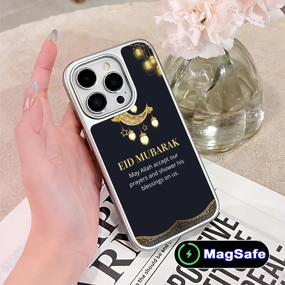 

Чехол для телефона «Ид Мубарак» для iPhone 17 16 15 14 13 12 11 Air Pro Max Plus с поддержкой MagSafe, серебристое покрытие, цветной дизайн