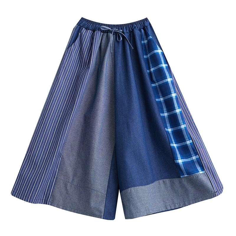 レトロ和風カジュアルパンツハイウエストワイドレッグジーンズ女性の弾性ウエスト巾着ルーズフィットズボン