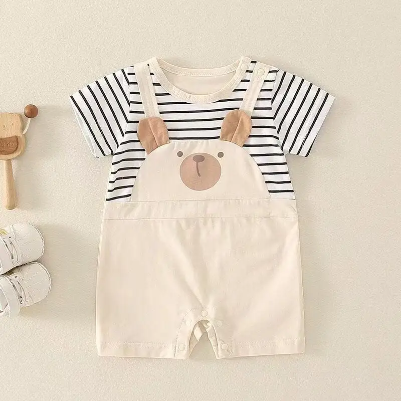 Summer Baby Boys Rompers Cartoon Stripe 3D Bear Print Short Sleeve Newborn Jumpsuit Girl Cotton Kids Infant Outfit Clothes 0-18M