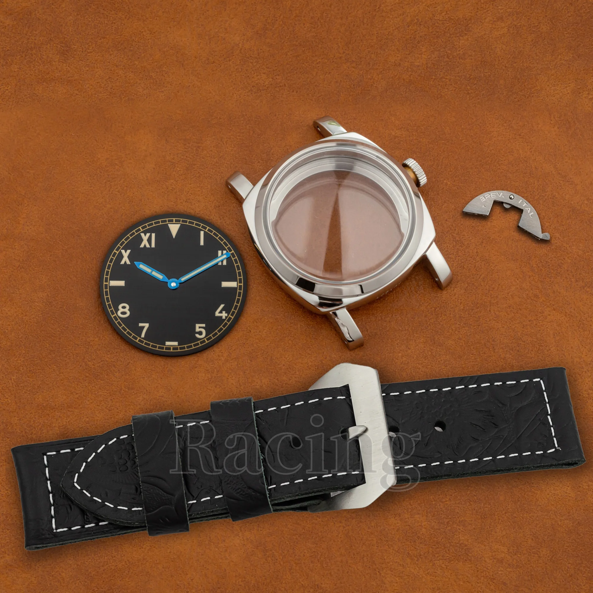 Luxury Genuine Leather Watchband Arcylic Bubble Mirror Case Luminous Dial Hands for PAM 6152 fit ETA 6497/6498/ST3600 Movement