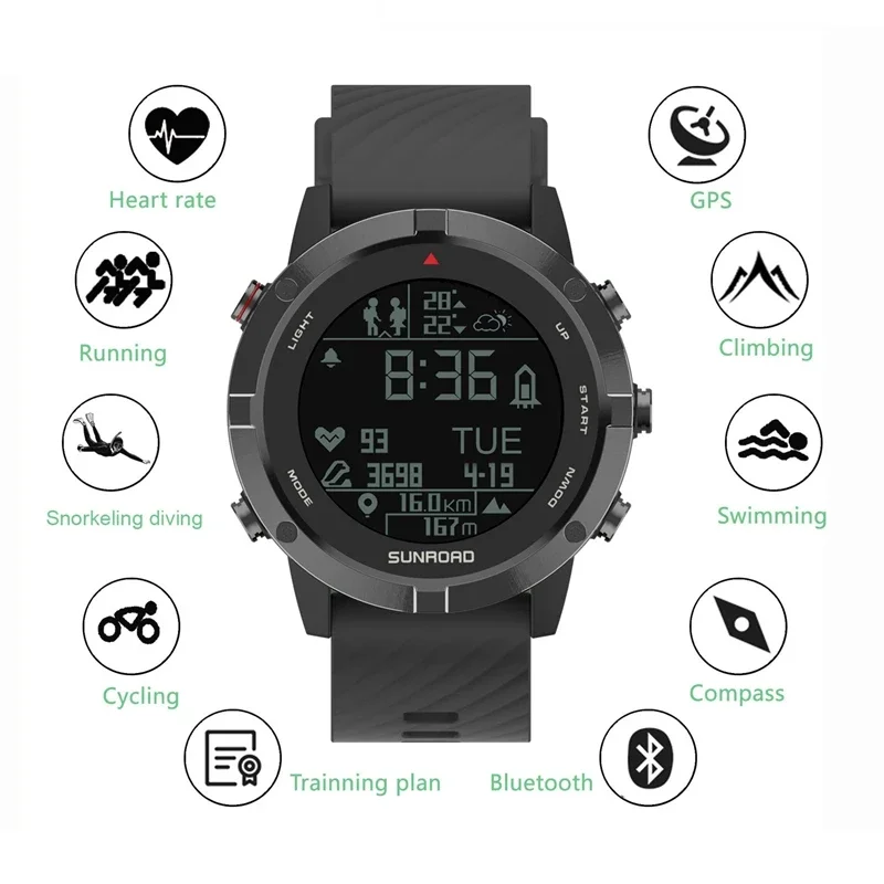 Sunroad GPS Sports Watch Digital Altimeter Compass Barometer Waterproof Cycling Running Swimming Heart Rate Monitor BT Watches