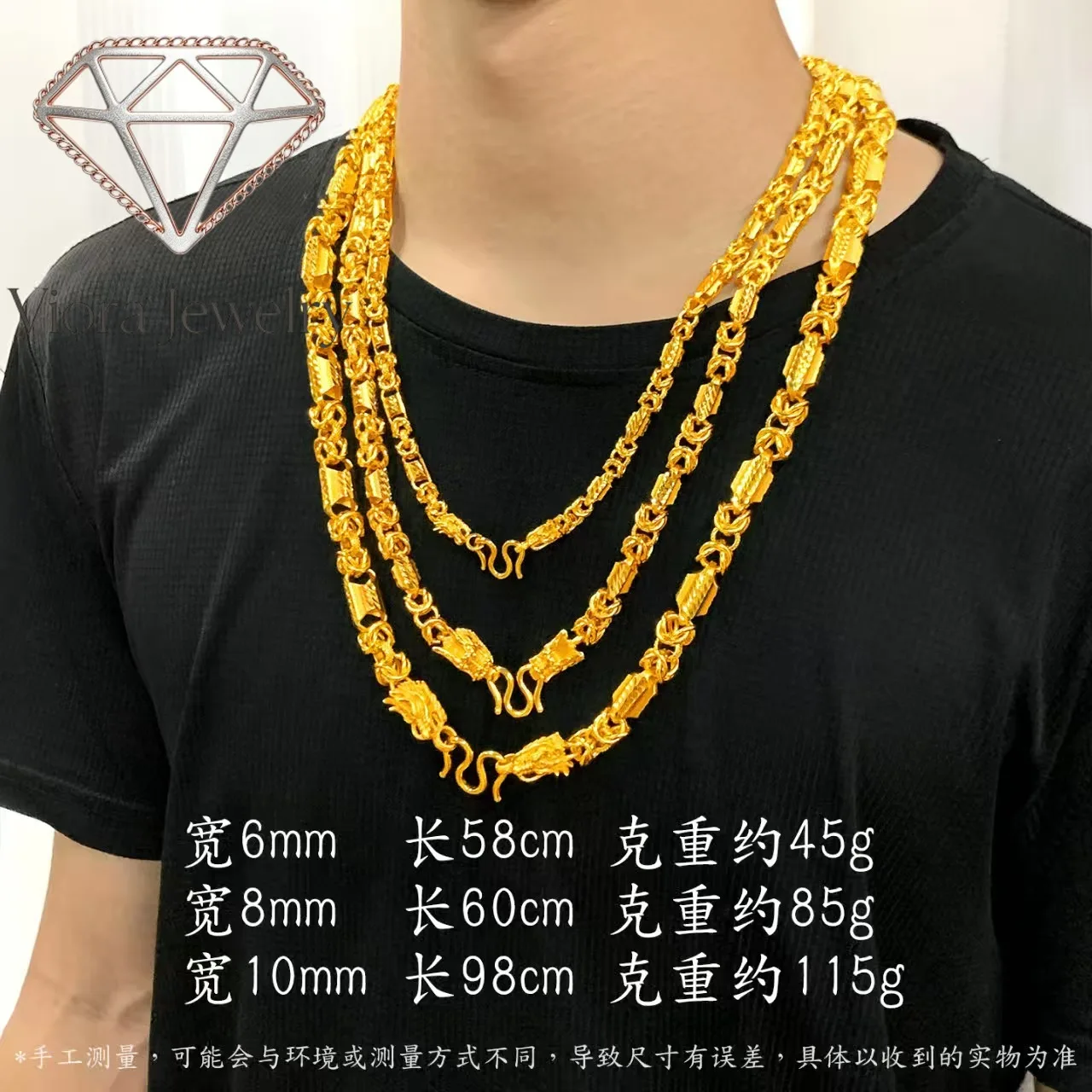 Viora Jewelry 9999 24K real gold boutique fantasy craft dragon bone necklace men's domineering retro faucet chain fashion hexago