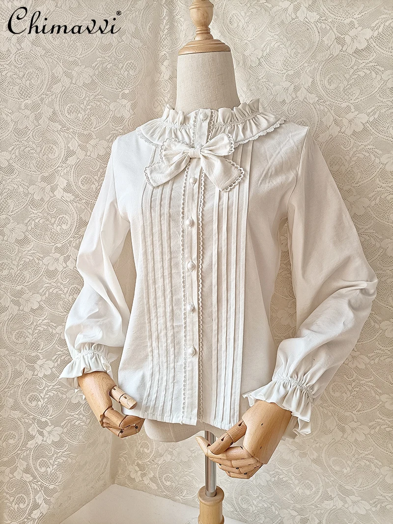 Original New Lolita Style Long-sleeved Blouse for Women 2024 Autumn Sweet Girl Cute Inner Lace Ruffle Edge Crew Neck Shirts