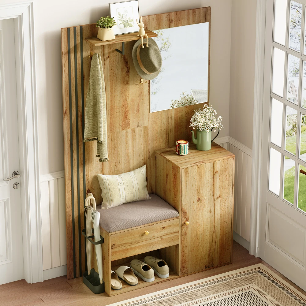 Kleiderschrank-Set, kompakter Flur-Kleiderschrank mit Spiegel und Kissen mit schwarzem Zierstreifen, Regal, Flur-Kleiderschrank, Schuhschrank – Detail 7