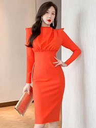 Eleganti abiti Midi alla moda per le donne 2023 arancione manica lunga vita alta Split Bodycon Skinny Dress Lady Street Office Vestidos