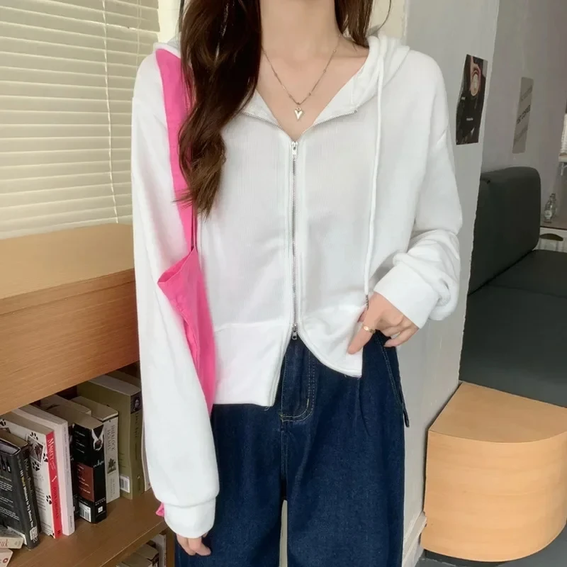 

Female Fashion Streetwear, Monochromatic Short Tops, New Women's Zipper Hoodie, Simple Style Sweatshirt, Casual Tops for Autumn,
