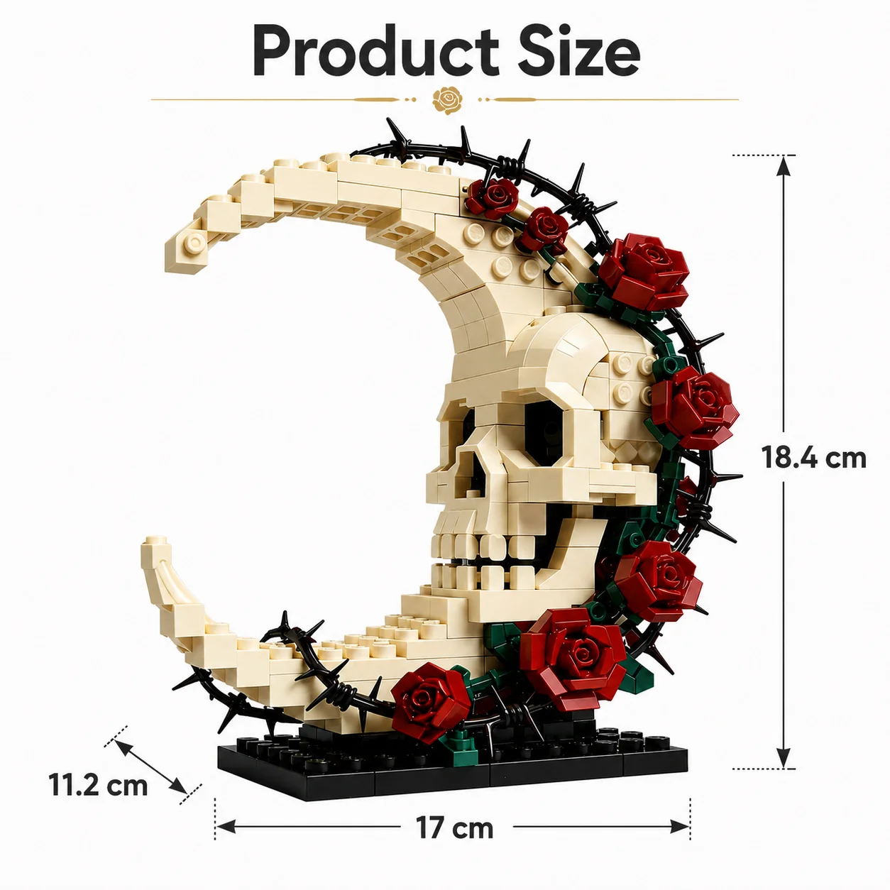 Gothic Skull Crescent Moon Building Block Set with Red Roses and Thorn Vines, Brick-Built Display Model for Home Office