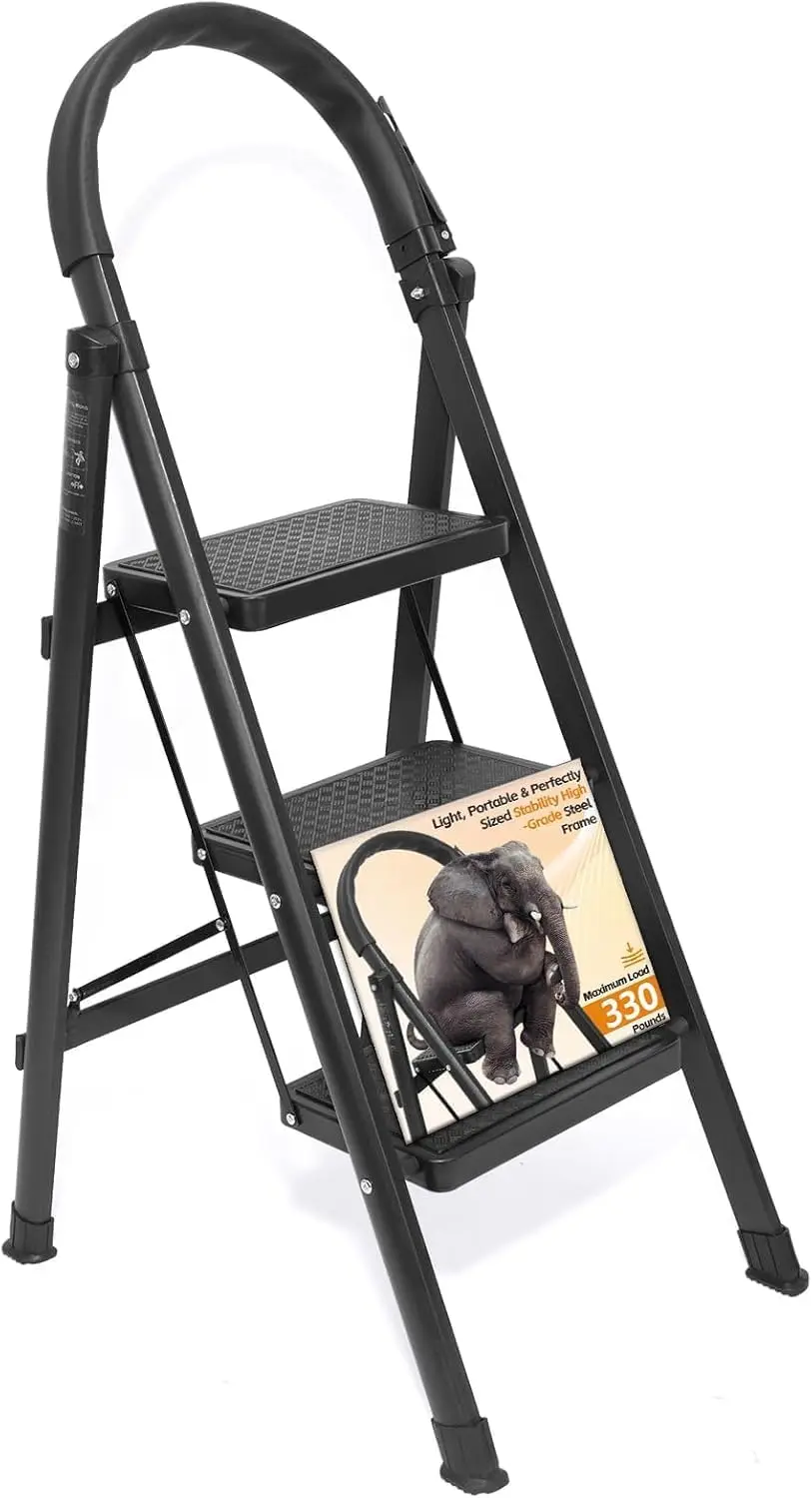 

Трехступенчатая складная стремянка с широкими противоскользящими ступенями, прочная, легкая, портативная, стальная.