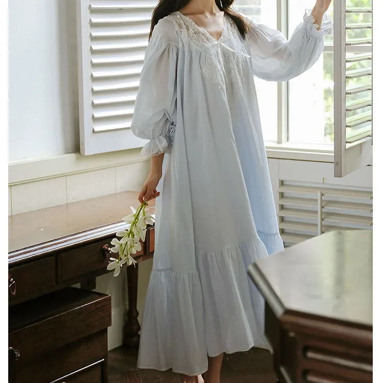 Women Spring Autumn Long Sleeve Lace Nightdress Pure Cotton Vintage Nightgown Victorian Night Dress Home Wear Princess Sleepwear