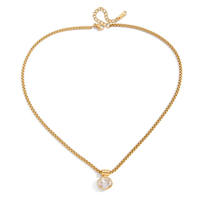 

Classic Jewelry Stainless Steel Necklace Oval Single Zircon Pendant Adjustable Extension Delicate Jewelry