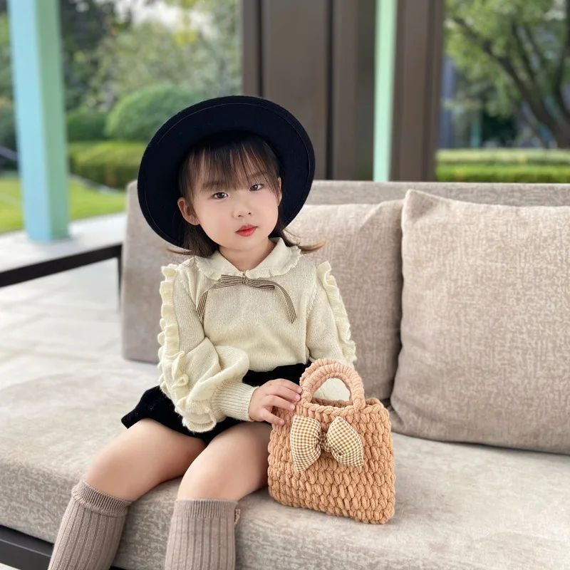 Children Handbag Handmade Knitted Bowknot Princess Harajuku Kid Clothing Matching Bag Casual Photography Classic Trend All-match