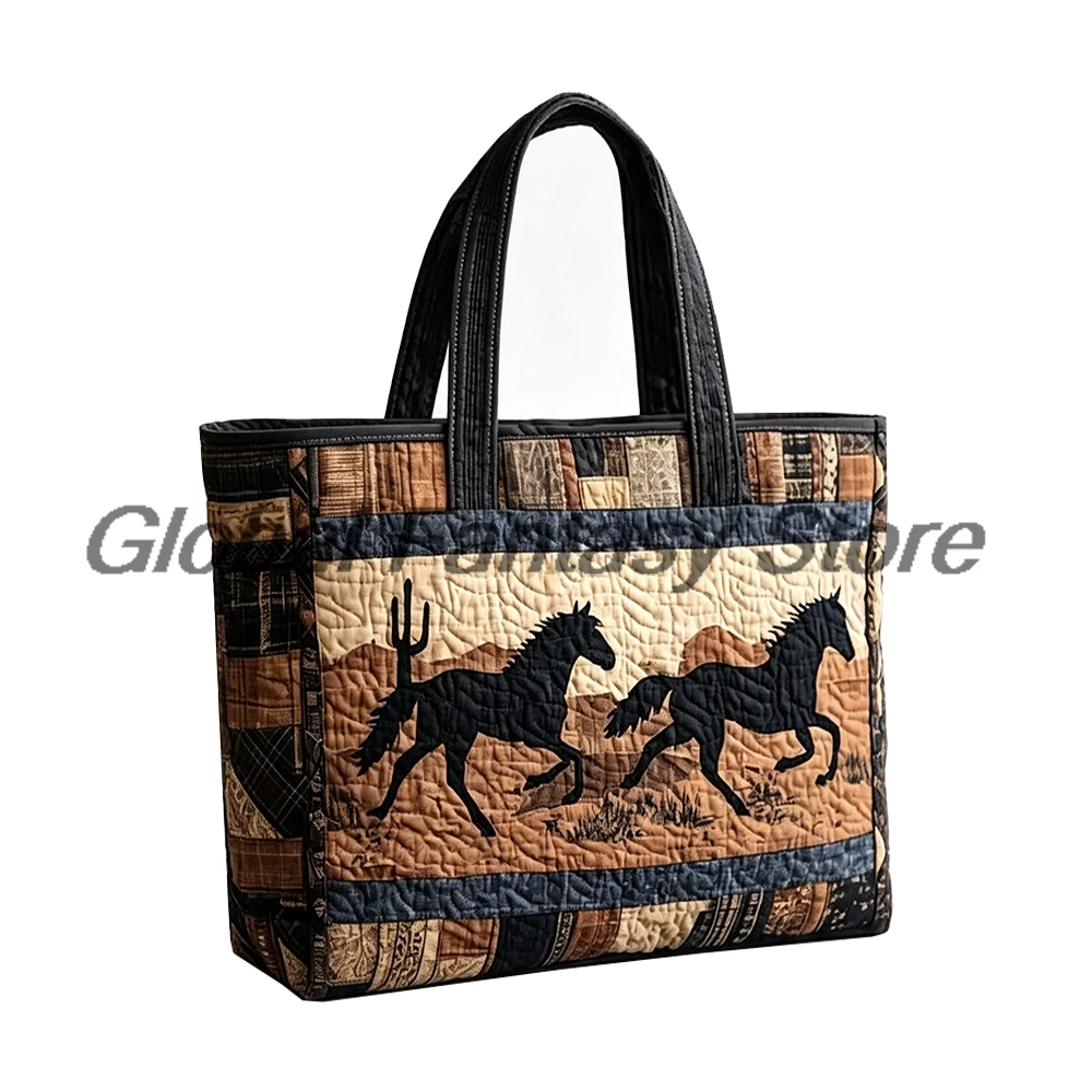 Western Wild Horse Quilted Tote Retro Patchwork Shoulder Bag Casual HandBag Women Daily Shopping Bags