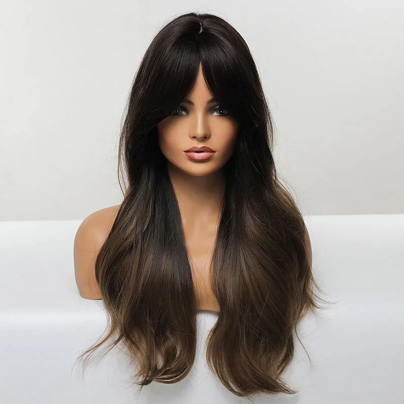 Long Ombre Black Brown Natural Wavy Machine Made Synthetic Hair Wig With Bangs Capless Wig For Women