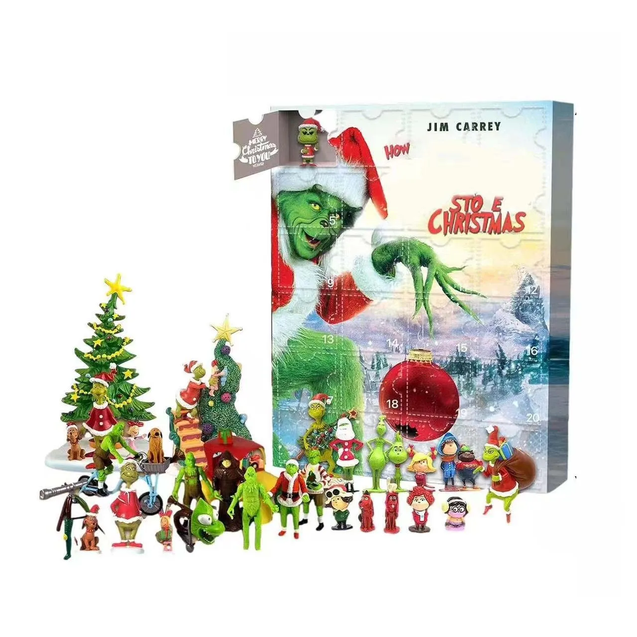 24Pcs 3D Gremlins Grinch Christmas Advent Calendar Blind Boxes, Green Christmas Decoration Box Advent Countdown Calendar