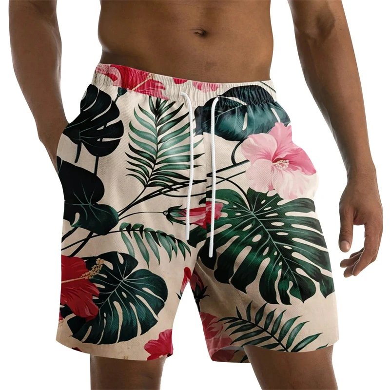 Coconut Leaves Men\'s Flowers Beach Briefs Summer Big Size Swimwear Men Board Shorts Casual Hawaiian 3D Holiday Trunks Stripe