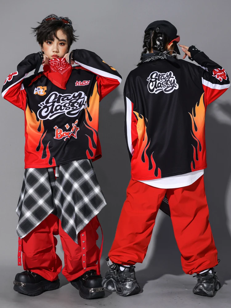 Neue Hip Hop Jungen Coole Langarm-shirt Rote Weste Cargo Hosen Mädchen K-pop Streetwear Kostüm Gruppe Jazz Street Dance kleidung Set