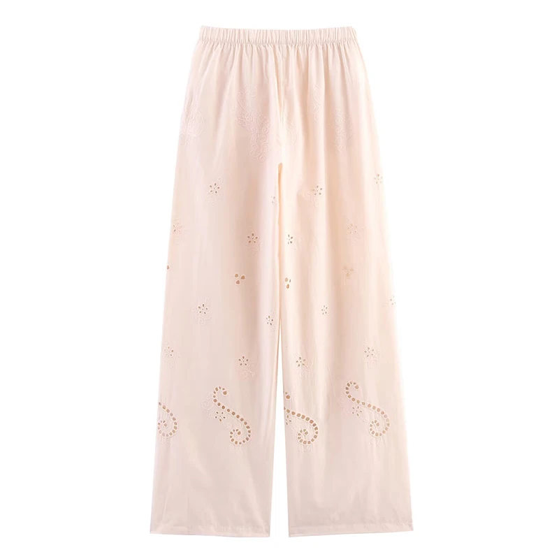 YENKYE 2025 سراويل بيجامة مطرزة بفتحات واسعة على الموضة للسيدات سراويل صيفية غير رسمية بخصر مطاطي