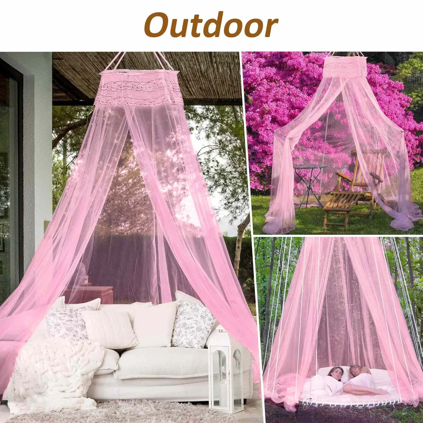 Elegant Lace Bed Canopy Mosquito Net Hung Dome Mesh Canopy Princess Round Dome Bed Mosquito Net Bedding Net for Bedroom Camping