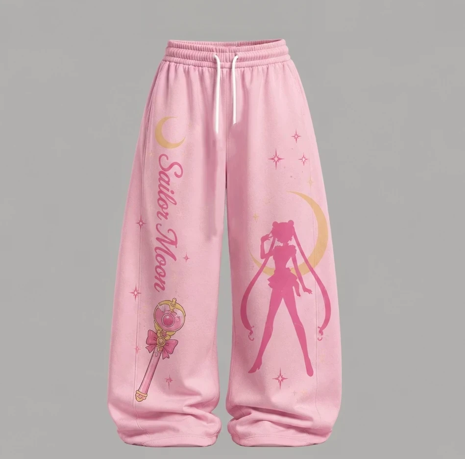 Anime Sailor Moon, farbenfroh bedruckte, weit geschnittene Hose mit hoher Taille und Kordelzug, lockere Freizeit-Sweatpants, Mädchenstil, lässige Shorts. – Detail 3
