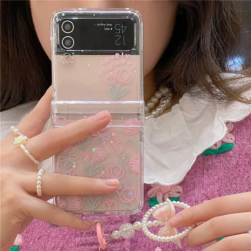 

Pink Tulip Transparent Phone Case For Samsung Galaxy Z Flip 7 6 5 4 Protective Back Cover For ZFlip5 ZFlip6 ZFlip7 Case Shell
