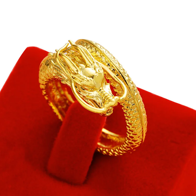 Vietnamese Sand Gold Dragon Head Relief Domineering Mens Open Ring Brass Plated 24k Gold Jewelry Euro Coin Style For Men And Wom