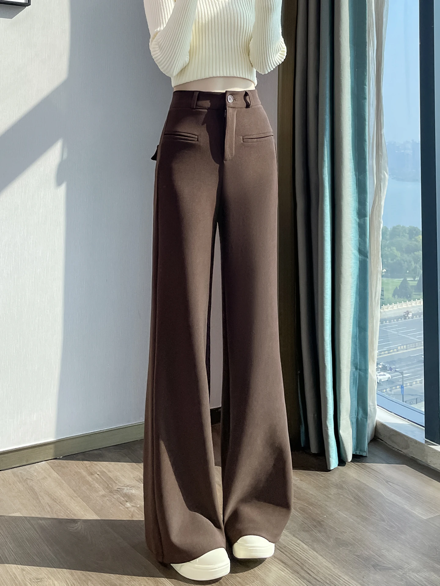 

Зимние утепленные брюки-клеш цвета хаки с высокой талией и драпировкой, женские, повседневные, с флисовой подкладкой