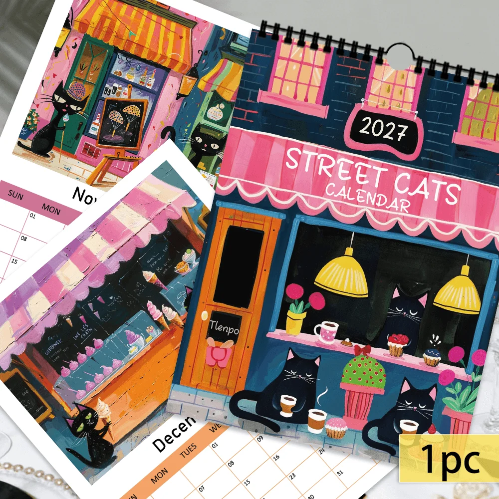 1pc, 2027 Wall Calendar, Street Cat Cafe Art, 12 Month Planner for Home Office Decor, Christmas New Year Gift with Stickers
