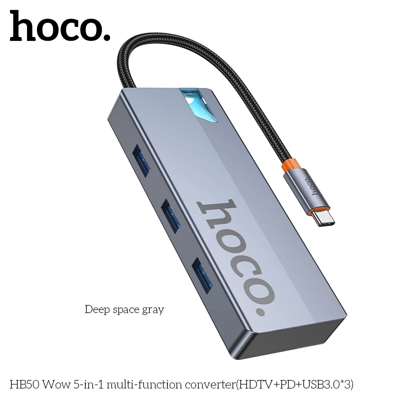 

HOCO HB51 5-in-1 Type-C to HDMI RJ45 HUB 4K 60Hz PD100W USB C Splitter Adapter For Laptop Macbook Air Portable Office Converter