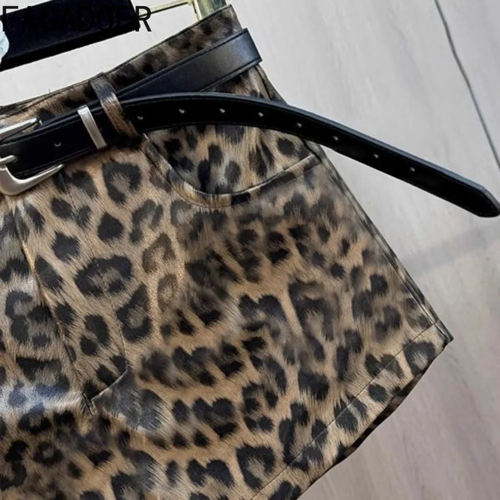 FAGADOER Sexy Leopard Print Leather Shorts Women Brown High Waist Pocket Skinny Belt Shorts American Retro Hot Girl Streetwear