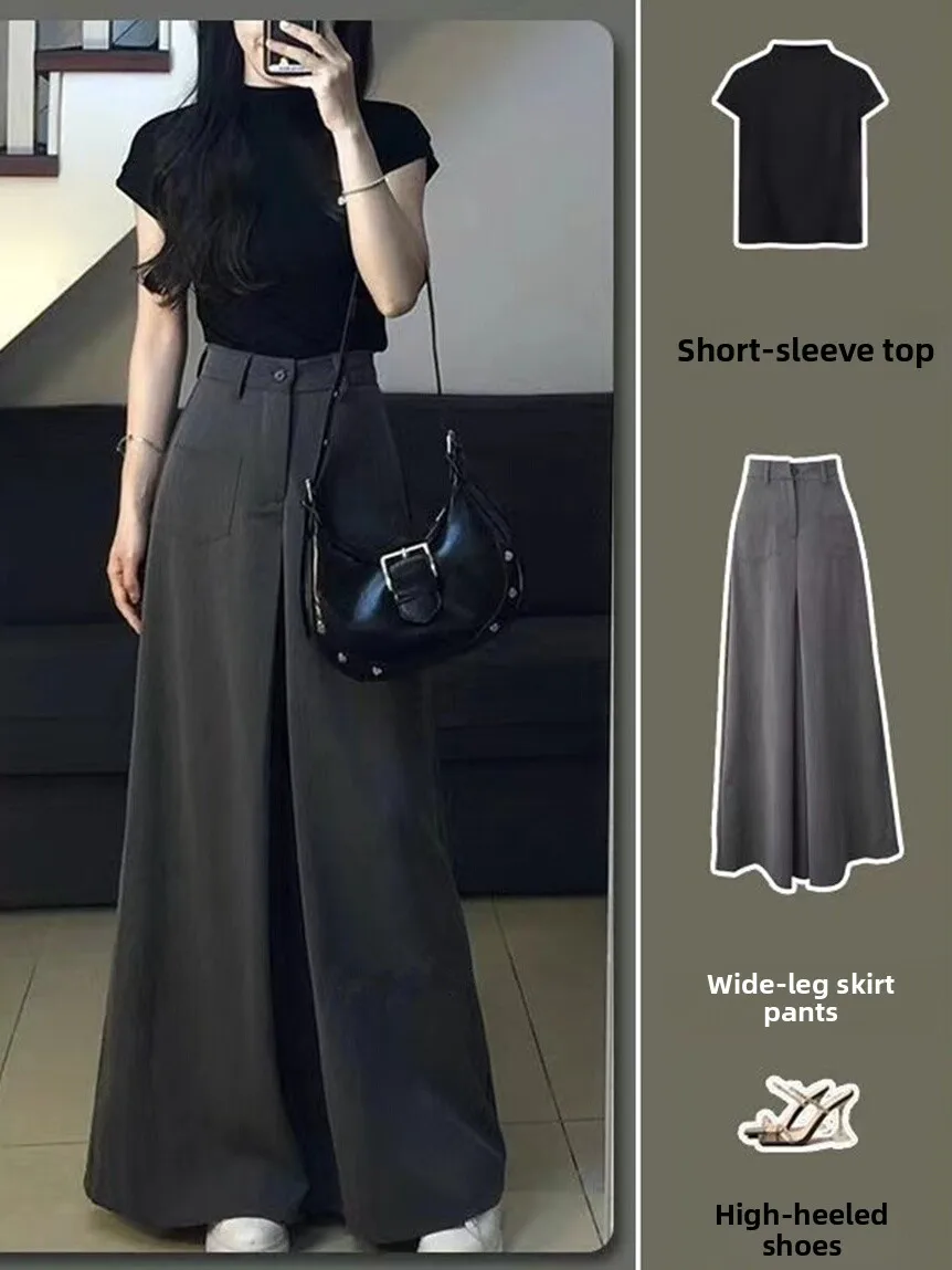 

Salt Series Viral Set Elegant T-Shirt Top High Waist Wide Leg Pants Women Summer Fashion Two Piece Set Age Reduction
