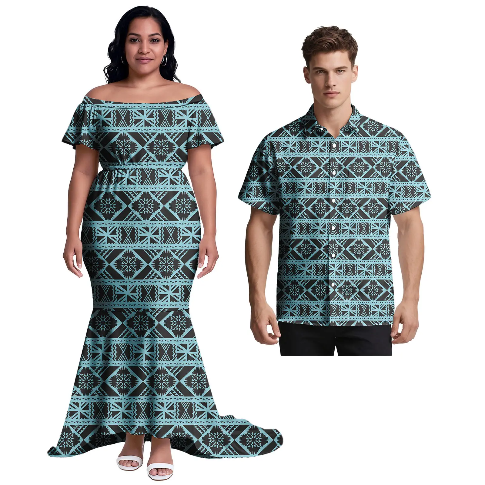 ساموا ملابس مخصصة هاواي الرجال ألوها تي شيرت البولينيزية المرأة فستان أنيق تابا العرقية نمط مجموعات من الأزواج مجموعات غير رسمية #5