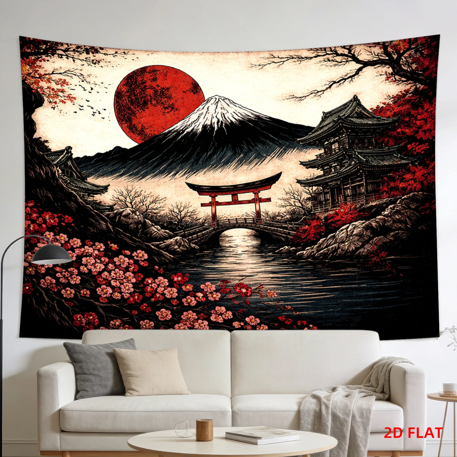 Japanese Mount Fuji Tapestry 2D Flat Wall Hanging Red Moon Torii Gate Decor for Living Room Bedroom Oriental Art Fabric Poster