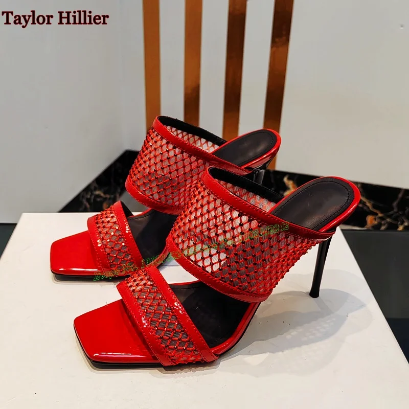 

Genuine Leather Rhinestone Mesh Sandals Summer Square Head Stiletto Breathable Slippers Women'S Fashion Sexy Party High Heels 42