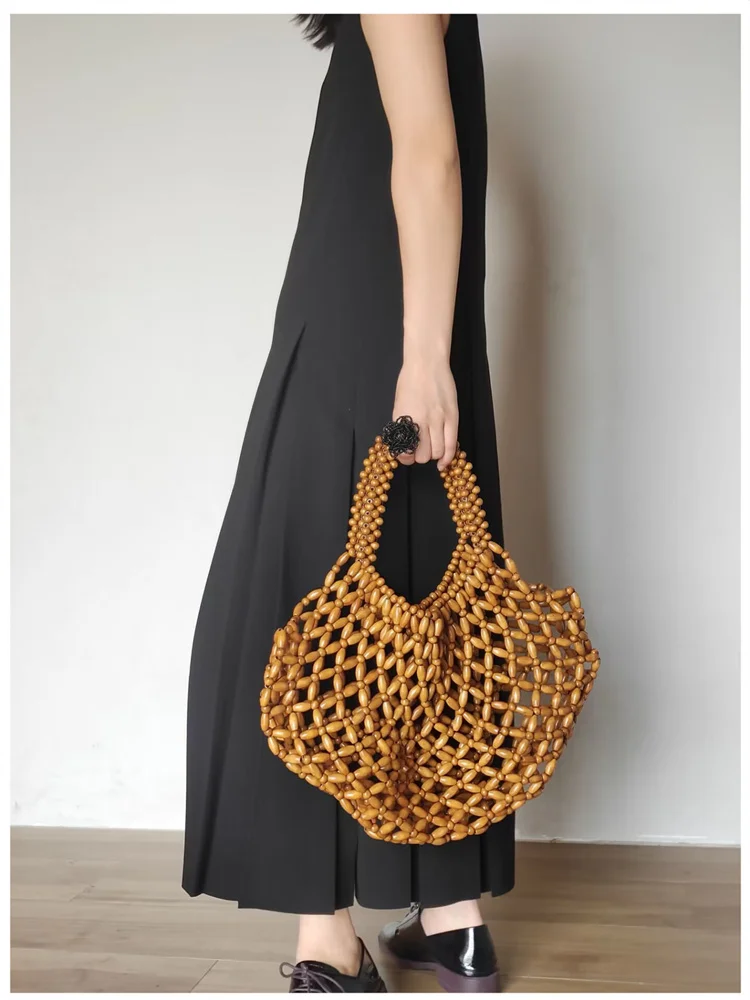 big hollow out  new hand-woven girly natural wood beads handbag retro  beach bags