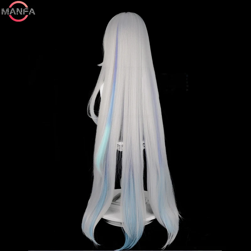 Skirk-Perruque de Cosplay en Cheveux Synthétiques Longs de 105cm, Couleur Blanche Argentée avec Dégradé Bleu, avec Bonnet