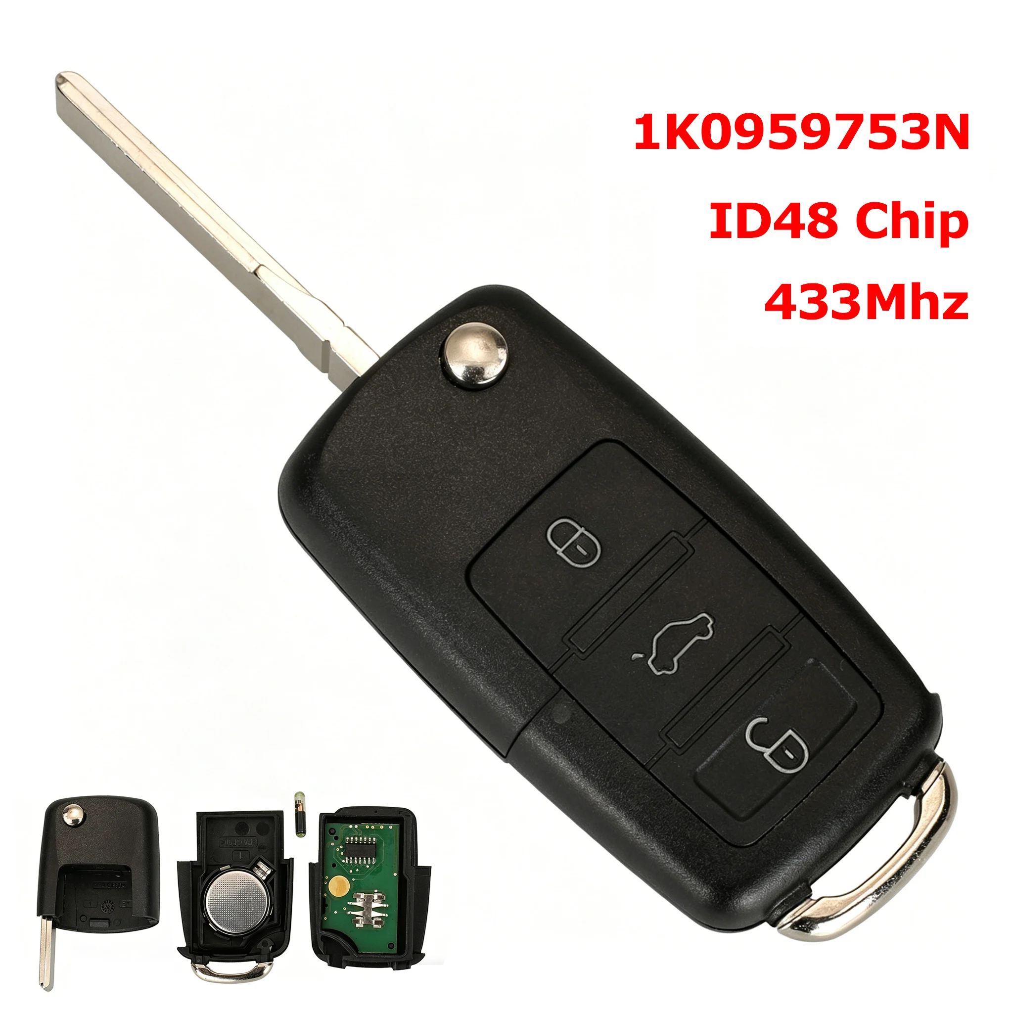 1K0959753N With ID48 Chip 434MHz 3 Buttons Remote Car Key For Volkswagen Polo Golf Passat Caddy Jetta Tiguan Skoda Octavia Seat