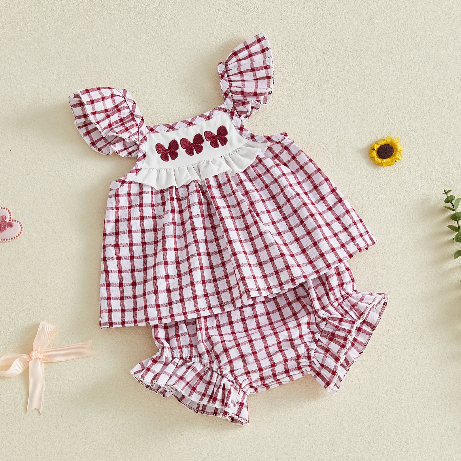 

Sweet Newborn Baby Girls Summer Clothes Sets Plaid Print Ruffles Short Sleeve T-shirts+Elastic Waist Shorts Casual Outfits