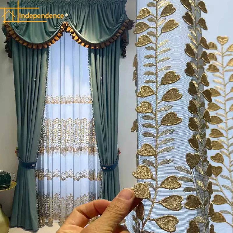 

High Class Embossed Embroidery Gauze Blue Green Velvet Blackout Curtains for Living Room Bedroom French Window Customized