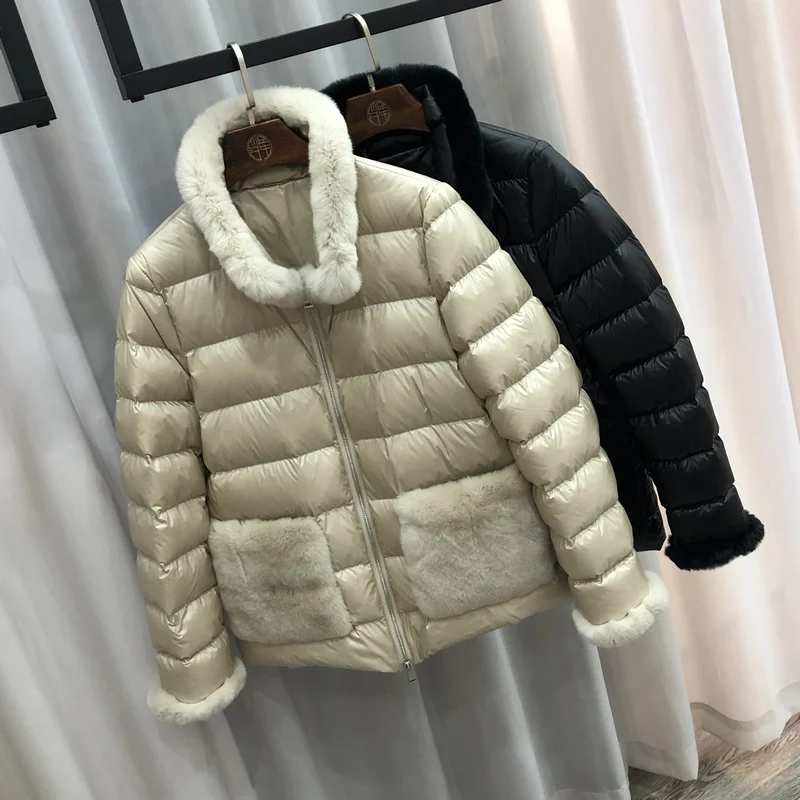 

real 2023 fur new rabbit winter natural coat 90% white duck down jacket female thick warm short down parka slim women down coat