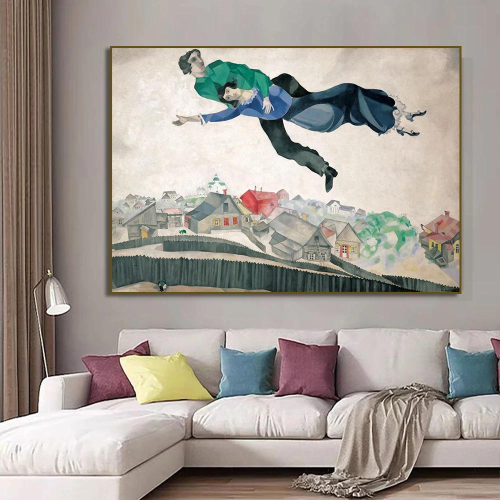 لوحة قماشية مطبوعة على القماش "Over the Town Chagall "Over the Town Chagall للمعرض السريالي لتزيين غرفة المعيشة والمنزل