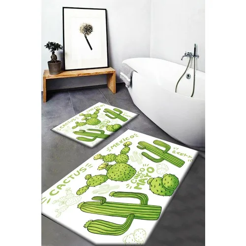 Else Carpet Else Green Cacti Pattern Washable Anti-Slip Soles 2li Bath Mat Doormat Toilet Seat Pad