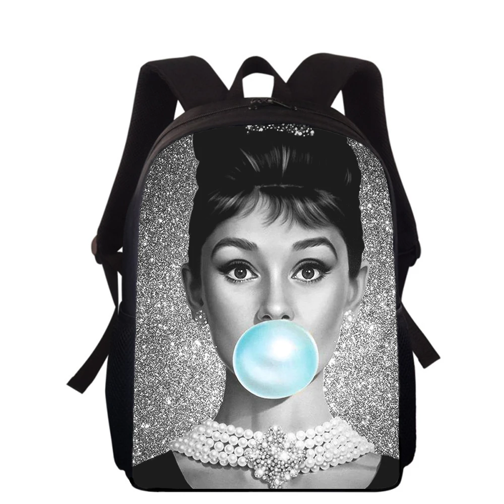 Audrey Hepburn Mochila para crianças, sacos escolares primários para meninos e meninas, impressão 3D, estudantes sacos de livros, 16"