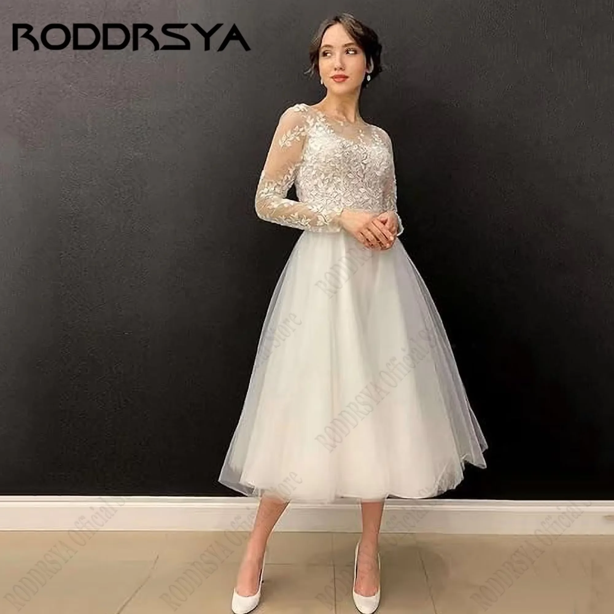 RODDRSYA O-Neck A-Line Wedding Dress For Woman Tulle Long Sleeve Appliques Elegant Bridal Gown Tea-Length Vestido De Nova 2024