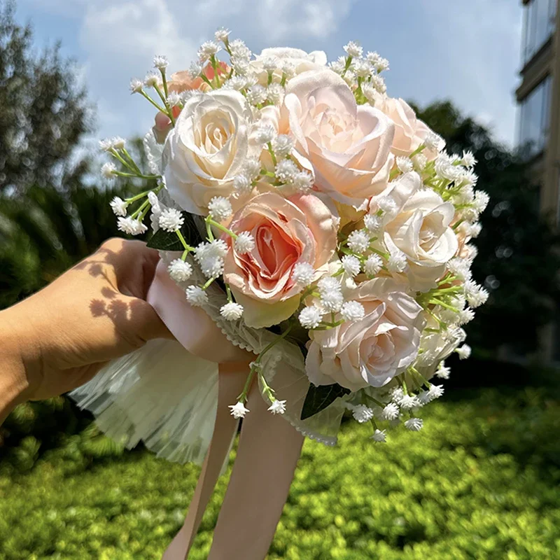 Ramos de boda para novia, ramo de rosas artificiales de seda para novia, ramo de flores de encaje con perlas para decoración del Día de San Valentín