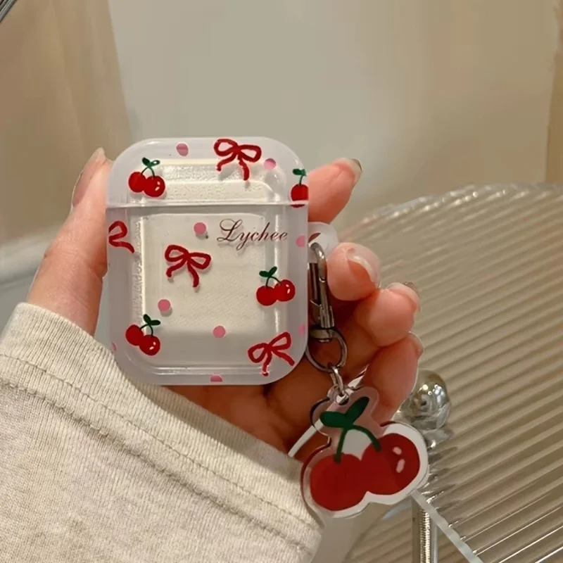 Korean Bow Cherry Earphone Protective Case For AirPods 4th 3th Gen Silicone Shell For Apple Airpods Pro 2 1 With Cherry Pendant