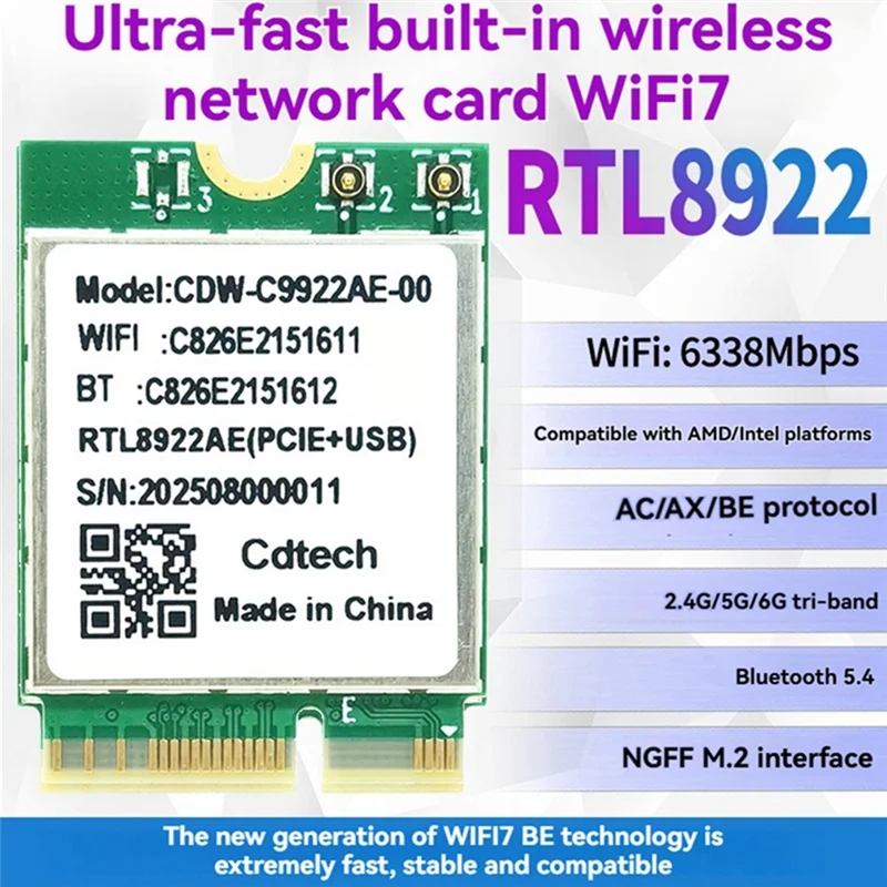 Ingenious-Bluetooth 5.4 Wifi7-Karte RTL8922AE 6338 Mbit/s 2,4 G/5 G/6 G Tri-Band Wireless Wifi-Adapterkarte M. 2 für Windows 10/11