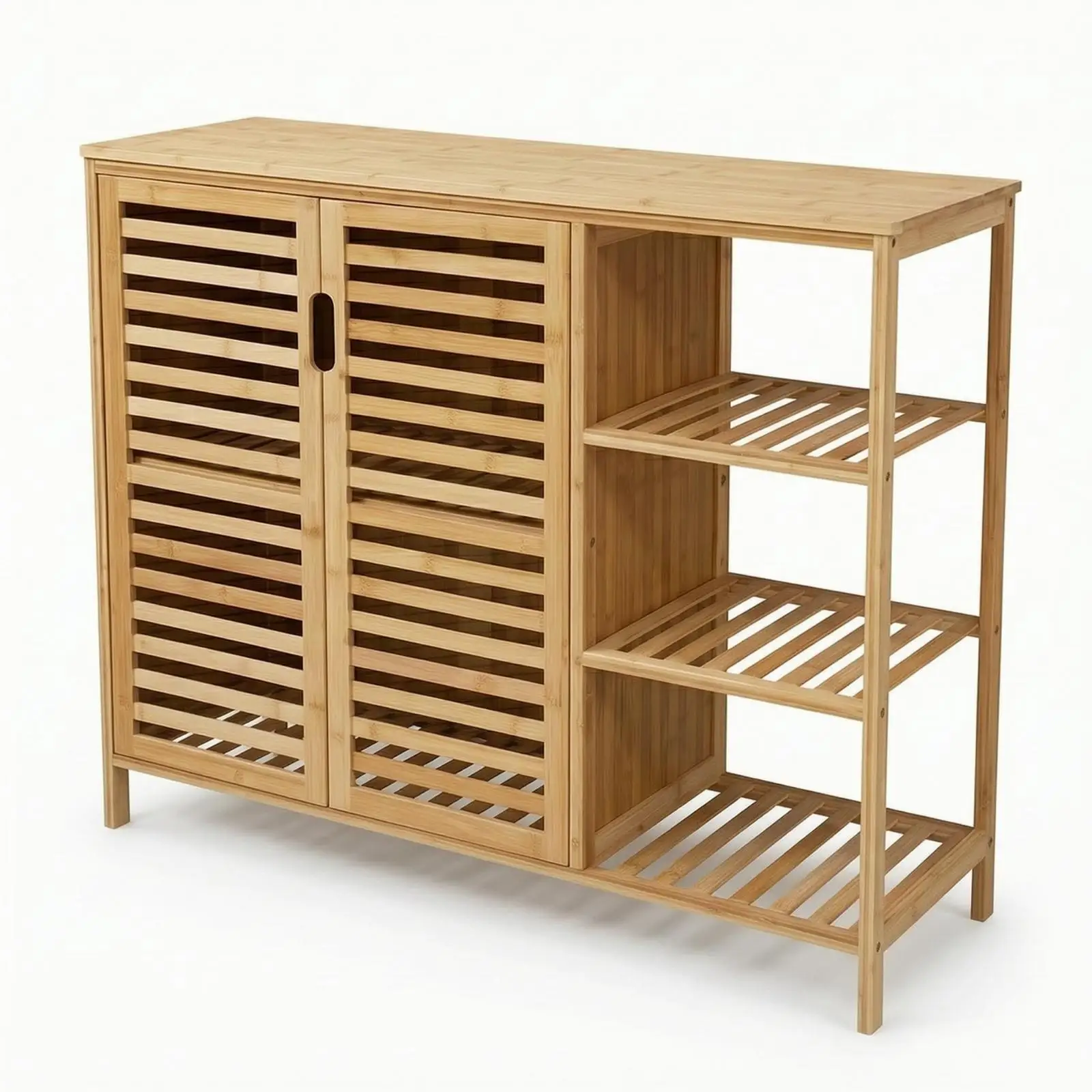 Multi-layer Bamboo Storage Cabinet Freestanding Slatted Door Cabinet for Entryway Bathroom Kitchen Home Organizer Shelf