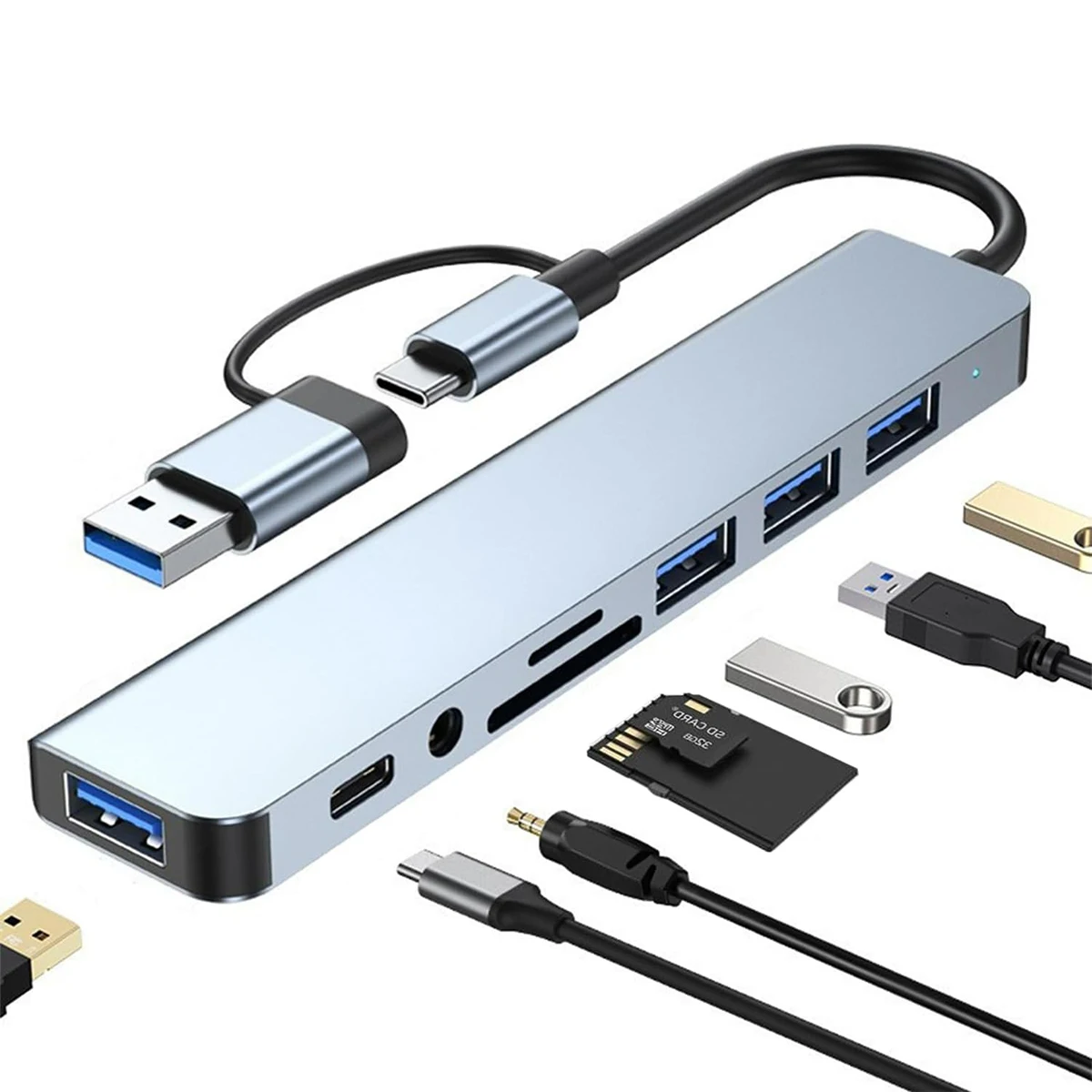 

Концентратор USB Type-C 8-в-1, разветвитель USB 3.0 2.0 с разъемом 4xUSB 1xUSB-C, устройство чтения карт TF/SD, аудиовыход 3,5 мм для ноутбука, мобильного телефона