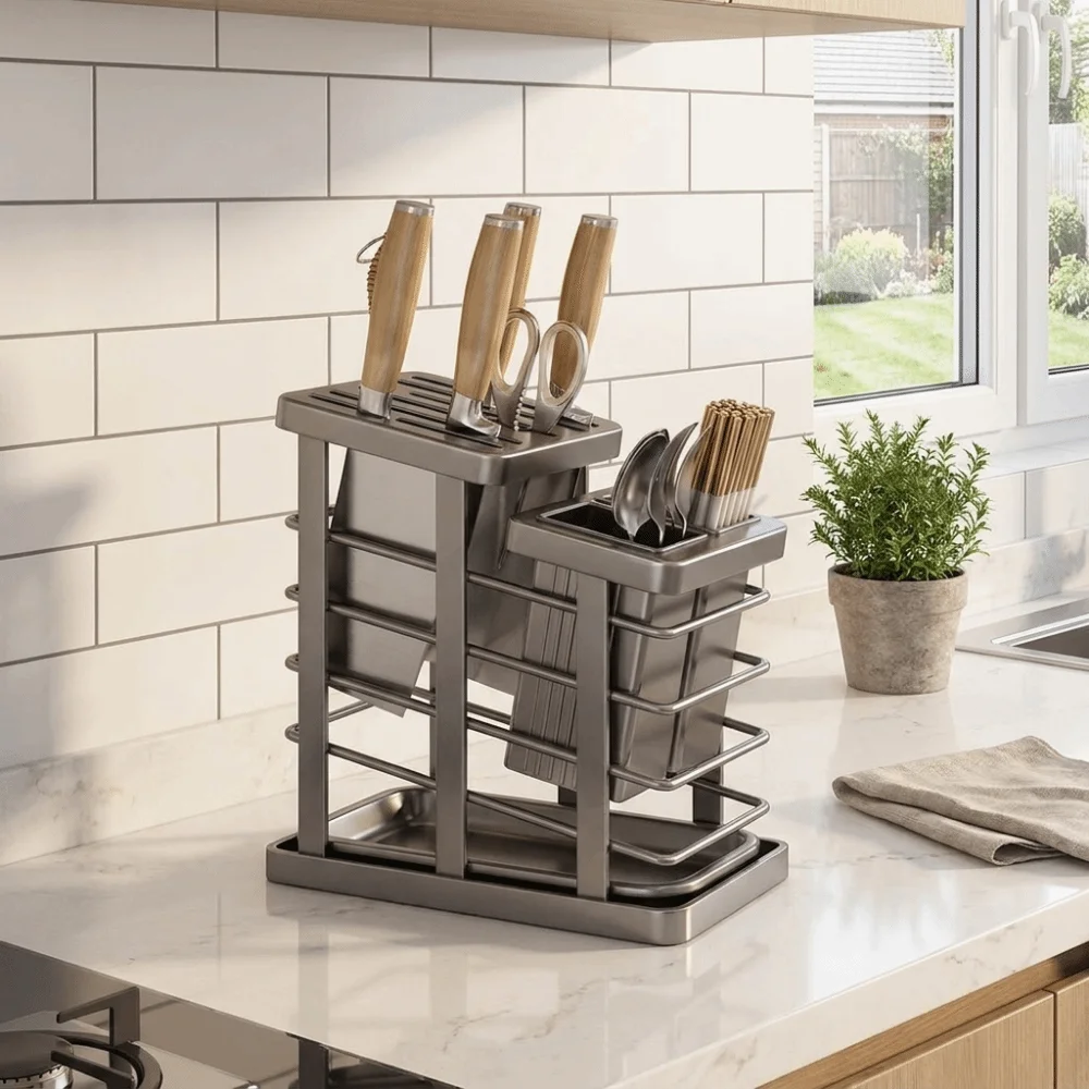Carbon Steel Countertop Cutter Holder Detachable with Drain Tray Chopstick Tube Space Saving Kitchen Storage Rack Kitchenware