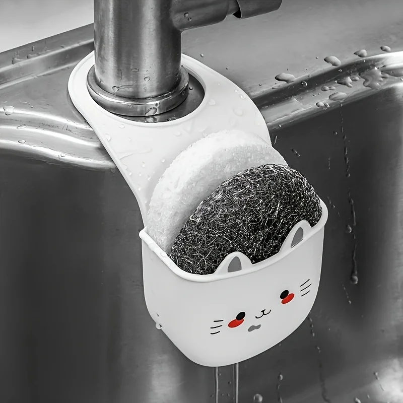 1 Cat Water Basin Drain Basket Hanging Bag Dishwashing Sponge Faucet Organizer Shelf Kitchen Utensil Sink Hole-Free Hanging Bask view 4